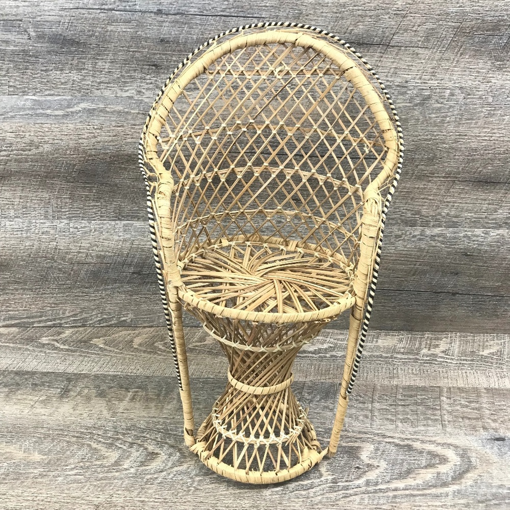 Vintage Wicker Peackock Mini Doll Chair Boho Stand